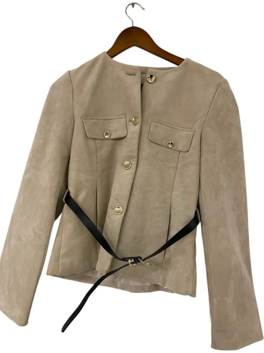Zara Womens Faux Suede Blazer with Belt Size XS Beige Button Front 8741/260 NWT
